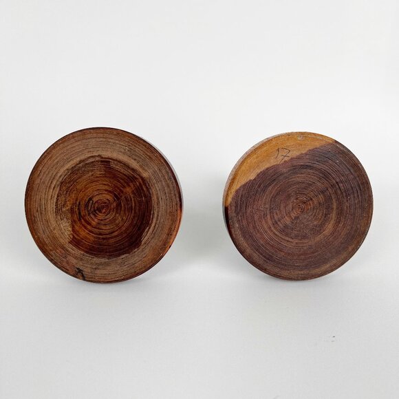 Two Vintage Hand Carved Wooden Candle Holders Rustic Handmade Gift Unique Pair - Picture 3 of 4